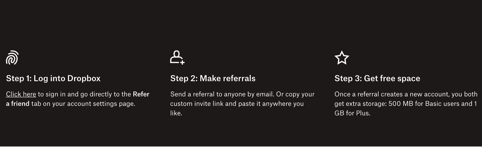 Dropbox three-step referral instructions: log in, refer, get free space