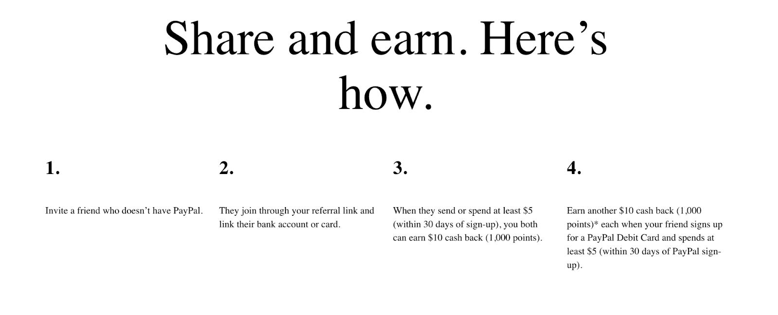 PayPal Share and Earn page showing the four referral steps