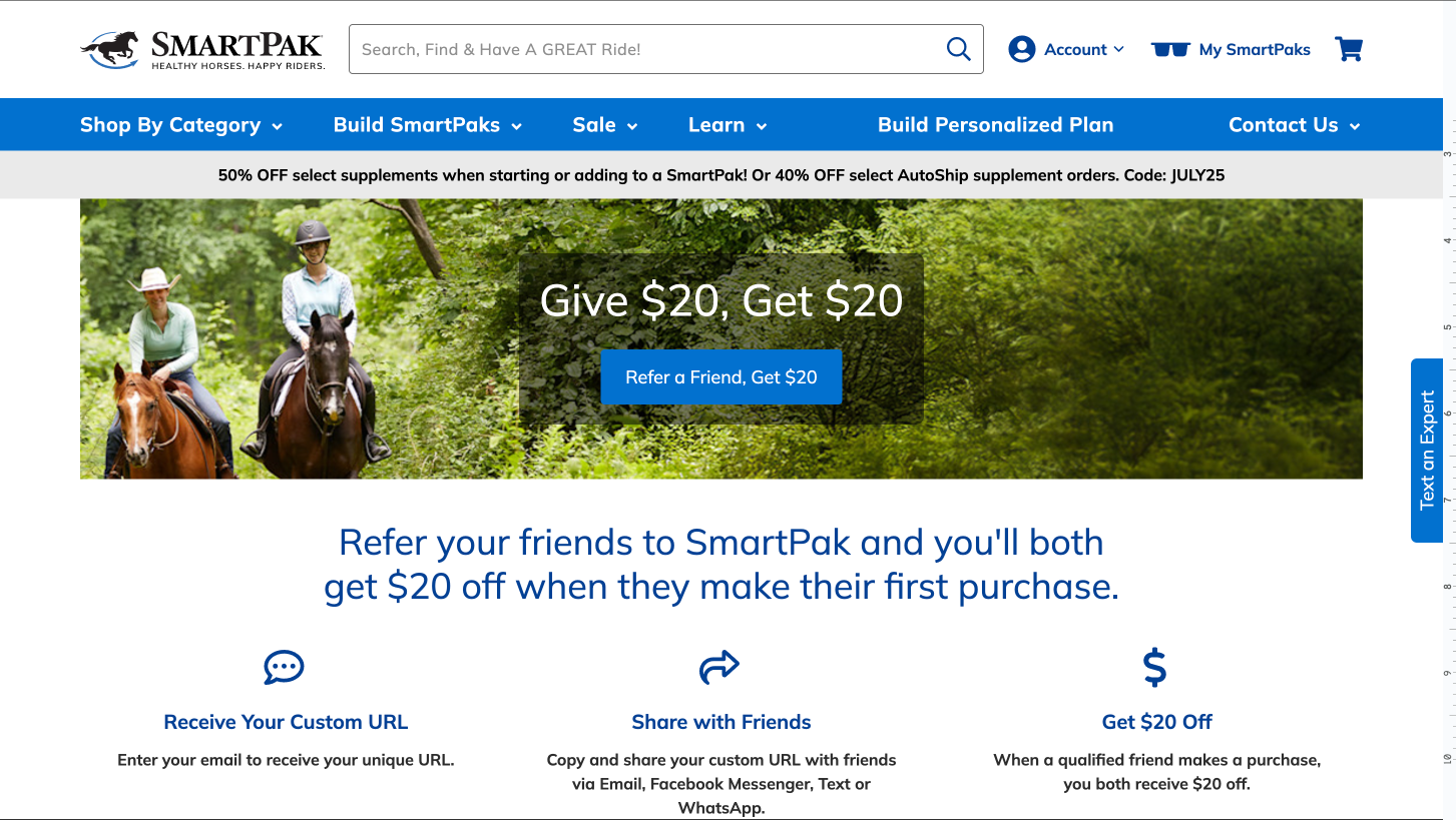 SmartPak Give $20, Get $20 refer a friend page for horse riders