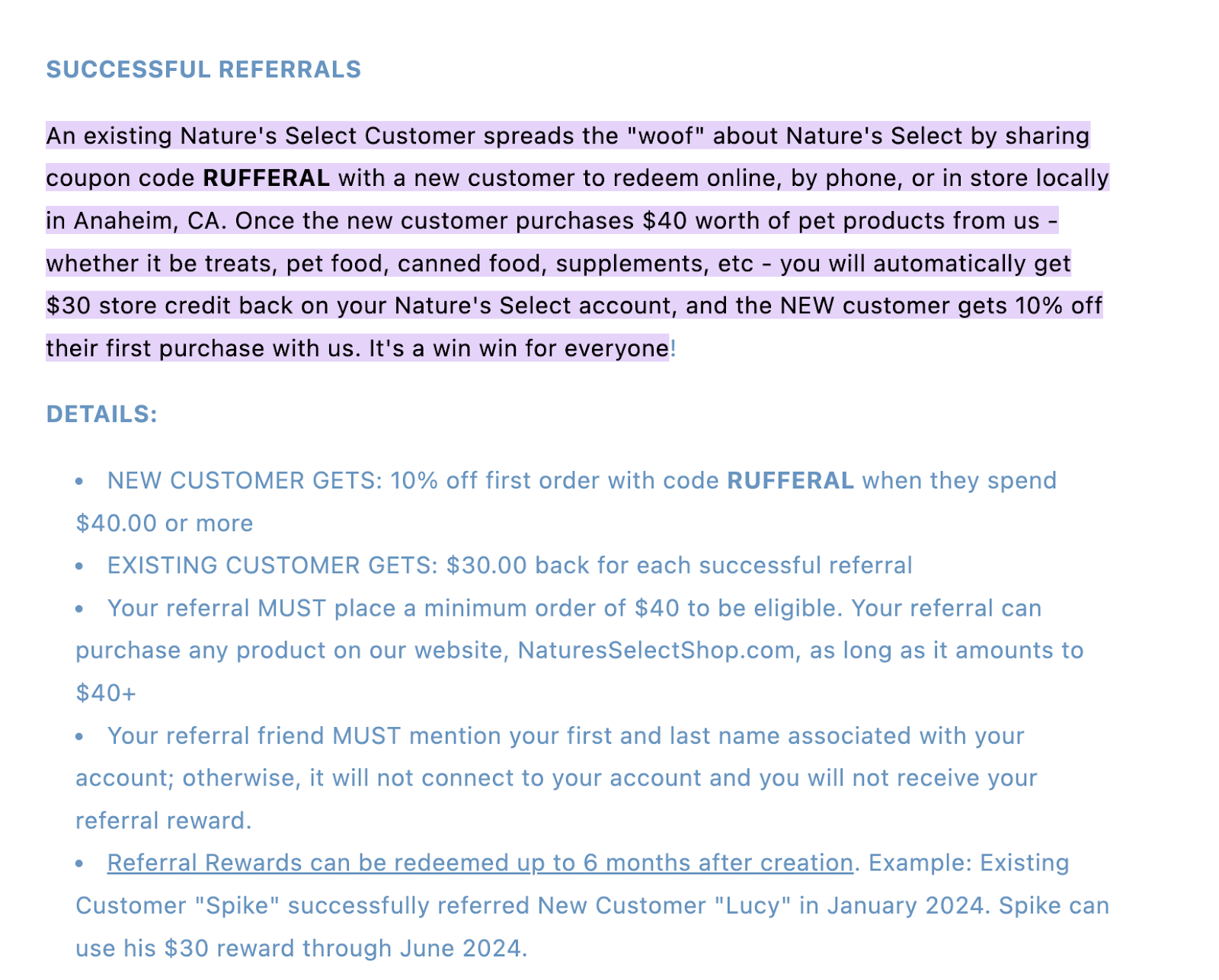 Nature’s Select referral terms: $30 store credit and 10% off a first order