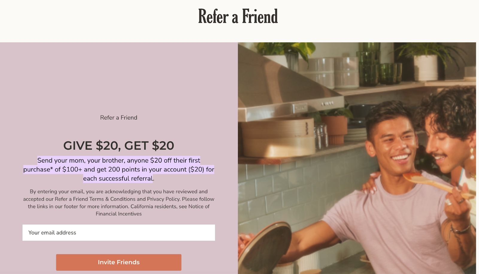 Give $20, Get $20 refer a friend signup form for a food brand