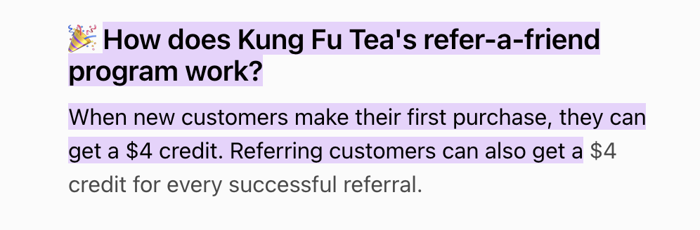 Kung Fu Tea refer-a-friend program giving both customers a $4 credit