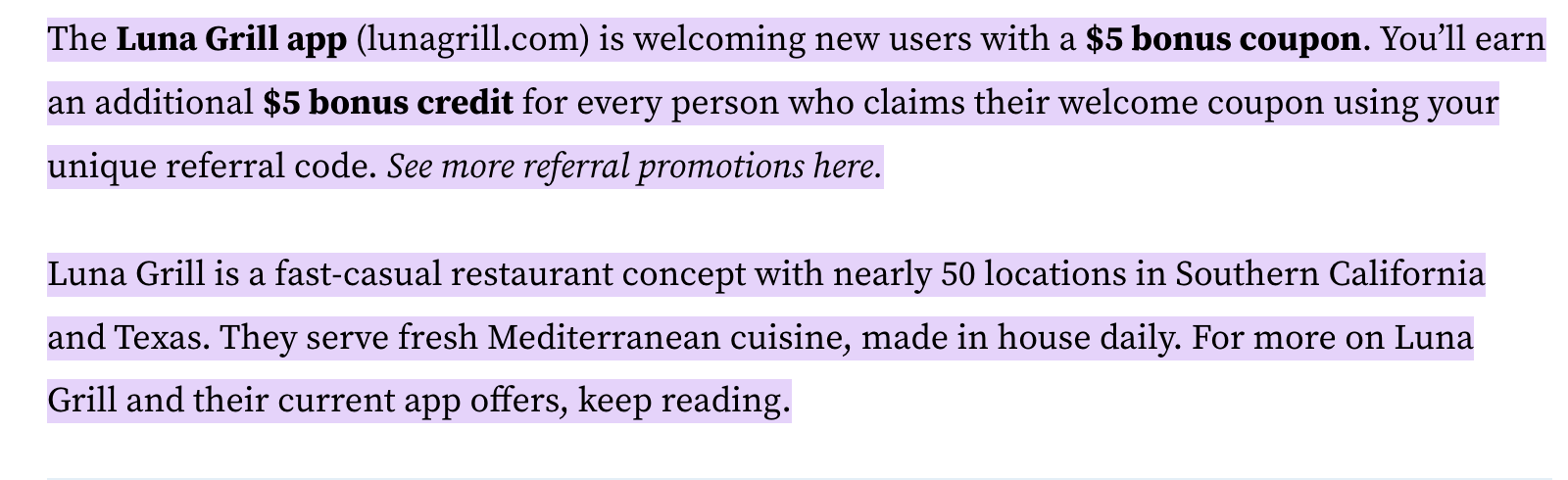 Luna Grill app referral offer with a $5 bonus coupon for new users
