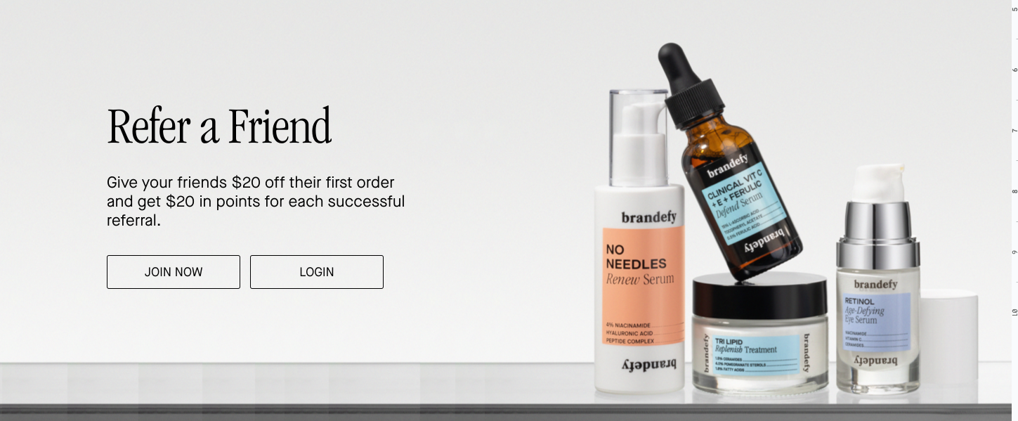 Brandefy Refer a Friend page offering $20 off a first skincare order