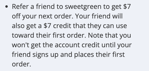 Sweetgreen referral offer giving both friends $7 off an order