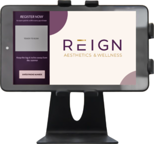 The Reign check-in tablet on its stand