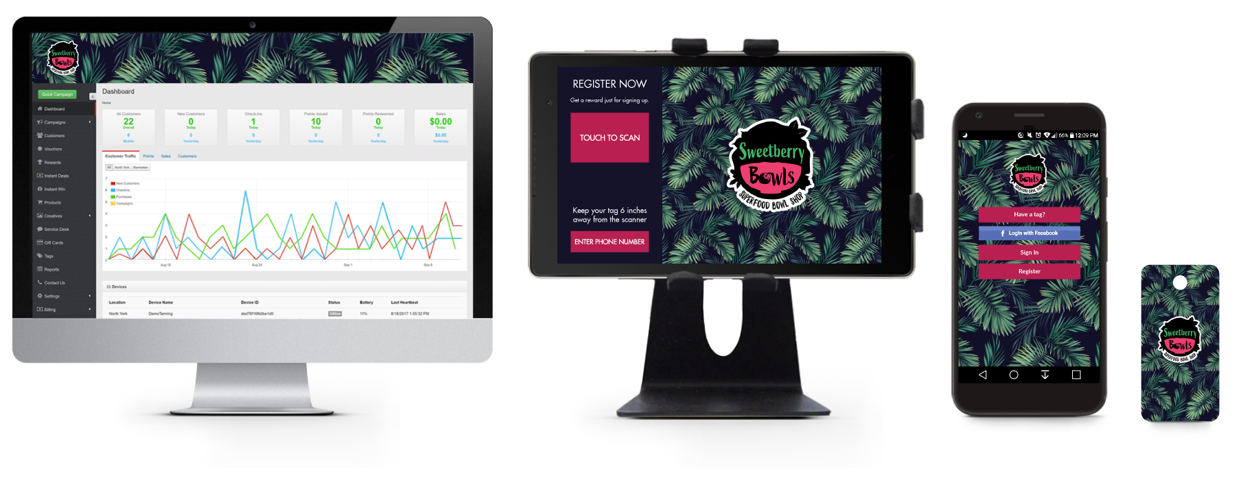 The Sweetberry Bowls dashboard, in-store tablet, branded app, and key tag