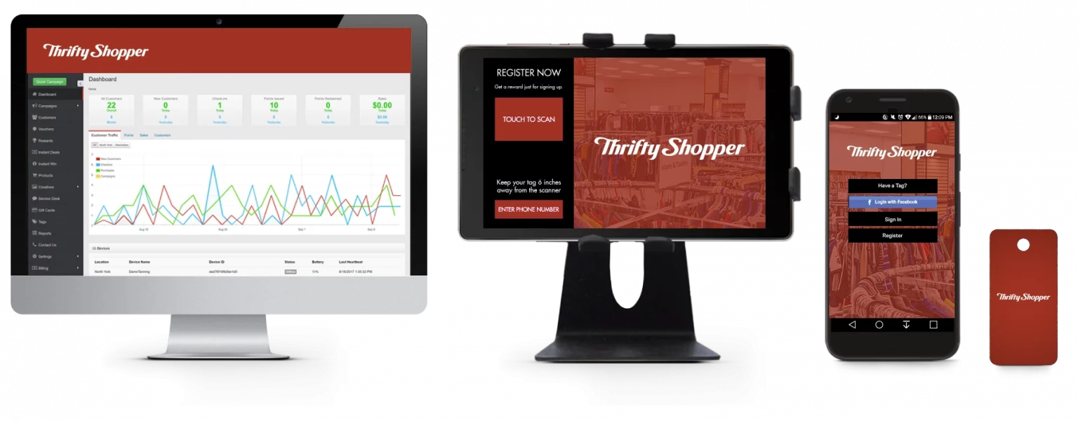 The Thrifty Shopper dashboard, in-store tablet, branded app, and key tag
