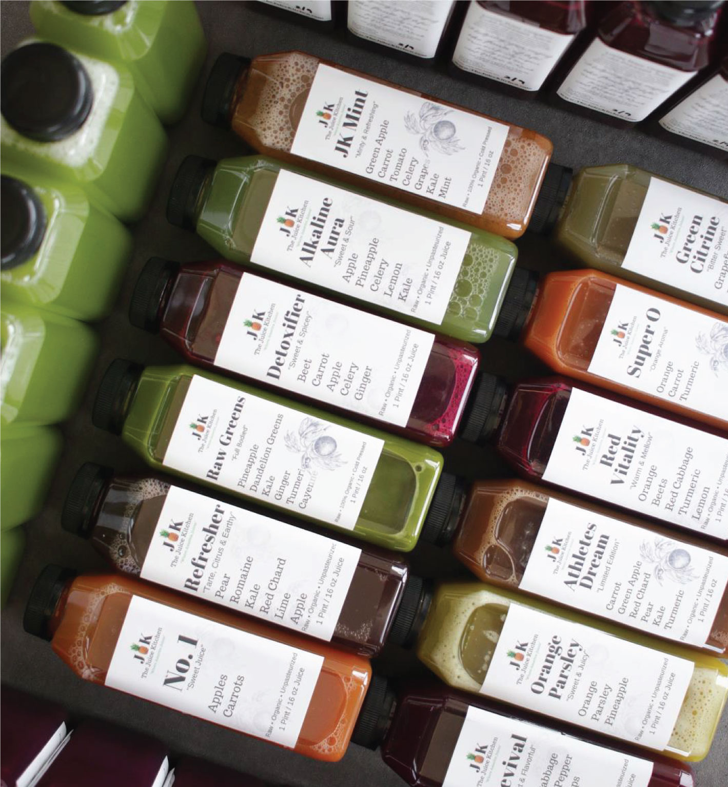 Cold-pressed juices lined up at The Juice Kitchen