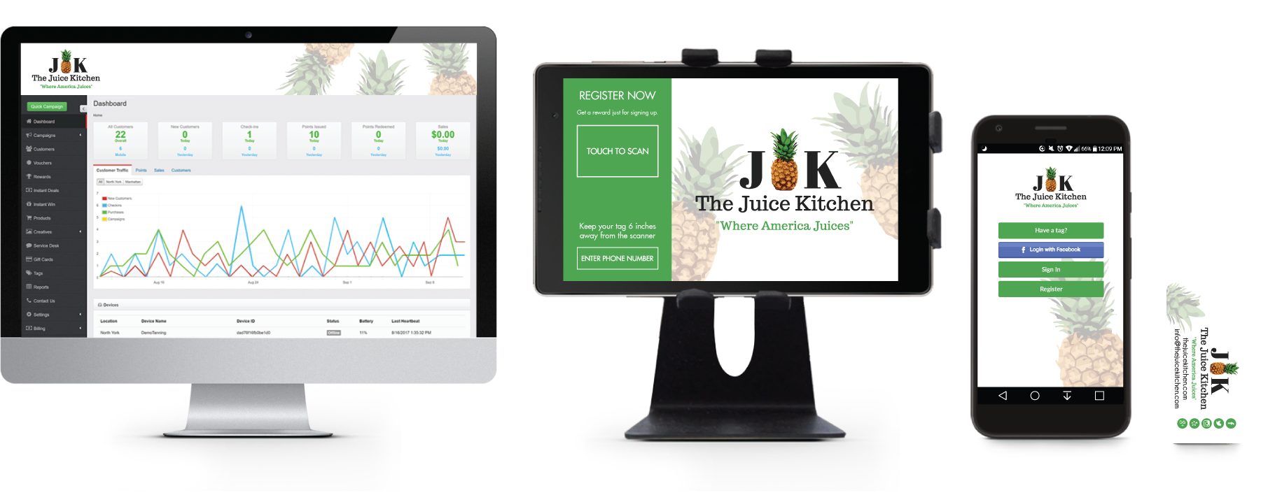 The Juice Kitchen dashboard, in-store tablet, branded app, and key tag