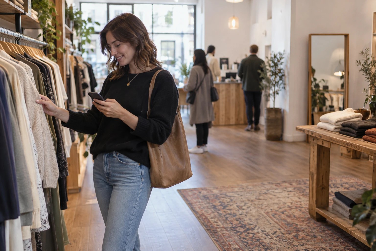 A shopper checking her rewards on her phone in a boutique