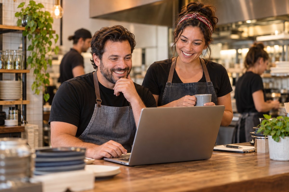Two owners agreeing terms over a laptop