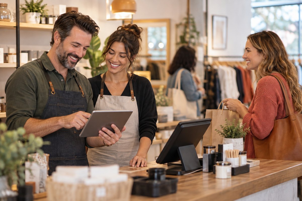 Boutique owners reviewing a campaign draft on a tablet