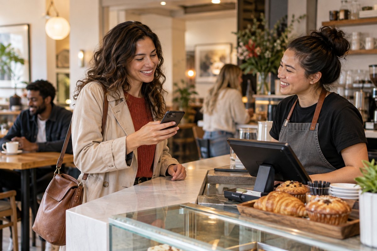 A regular checking an app offer at the counter