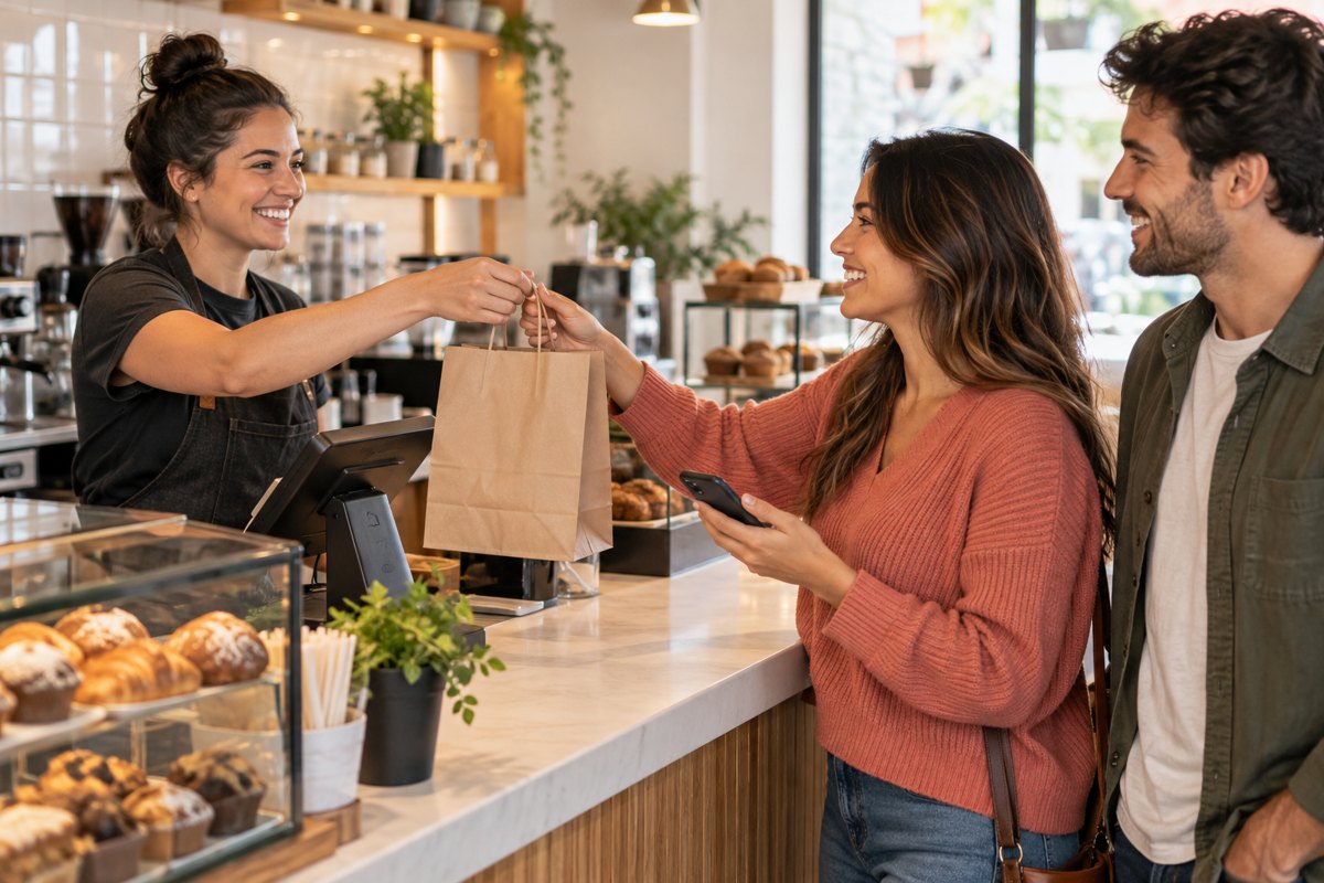 A customer picking up an app order at the counter