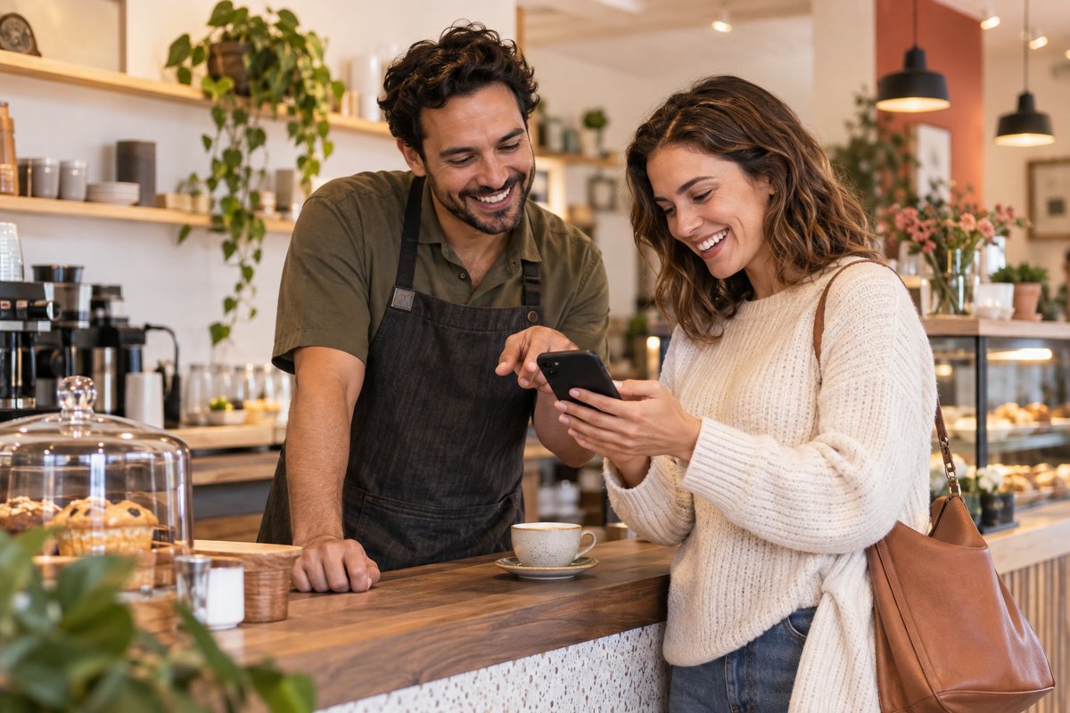 A barista showing a customer the shop's own app