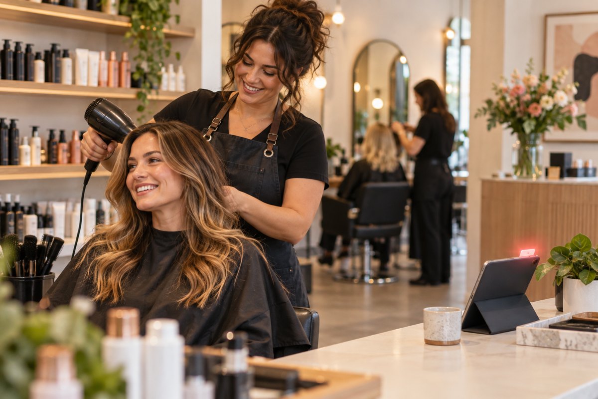 A stylist finishing a returning client's blowout