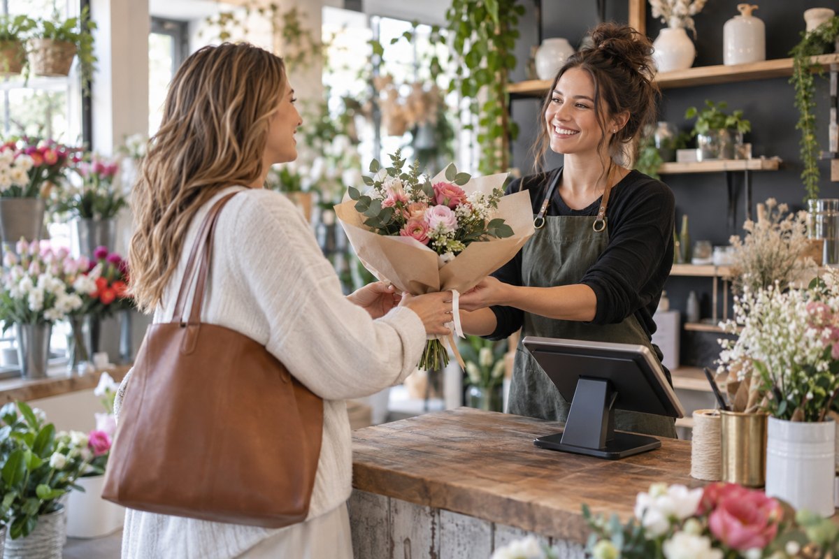 A florist handing a bouquet to a regular customer
