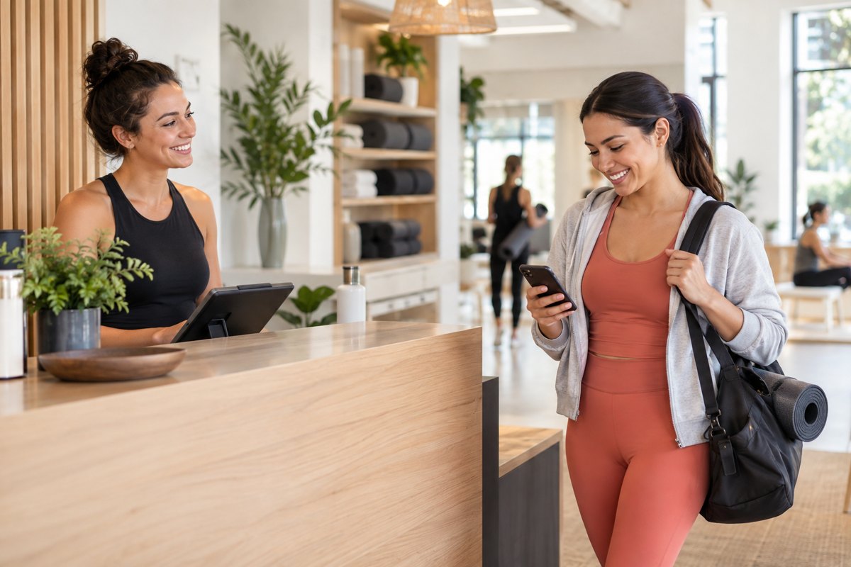 A studio member checking a win-back offer on her phone at the front desk
