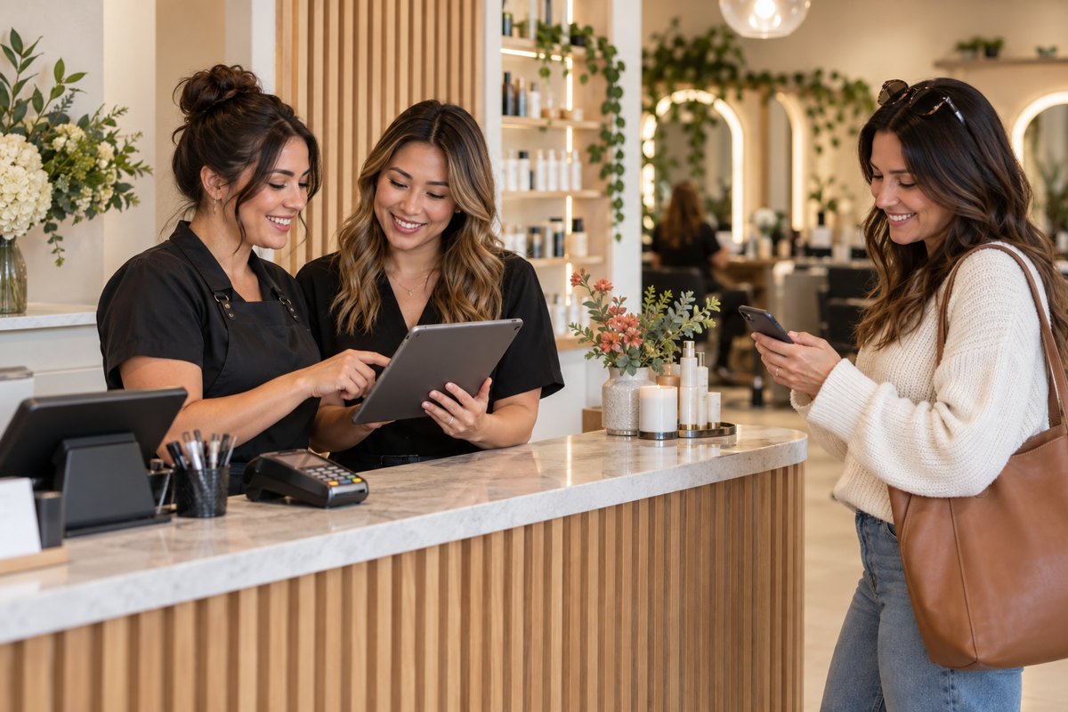 Salon staff reviewing a client's history on a tablet