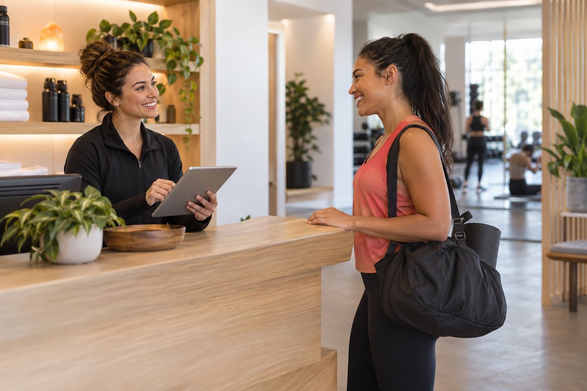 A front desk team member checking in a member on a tablet
