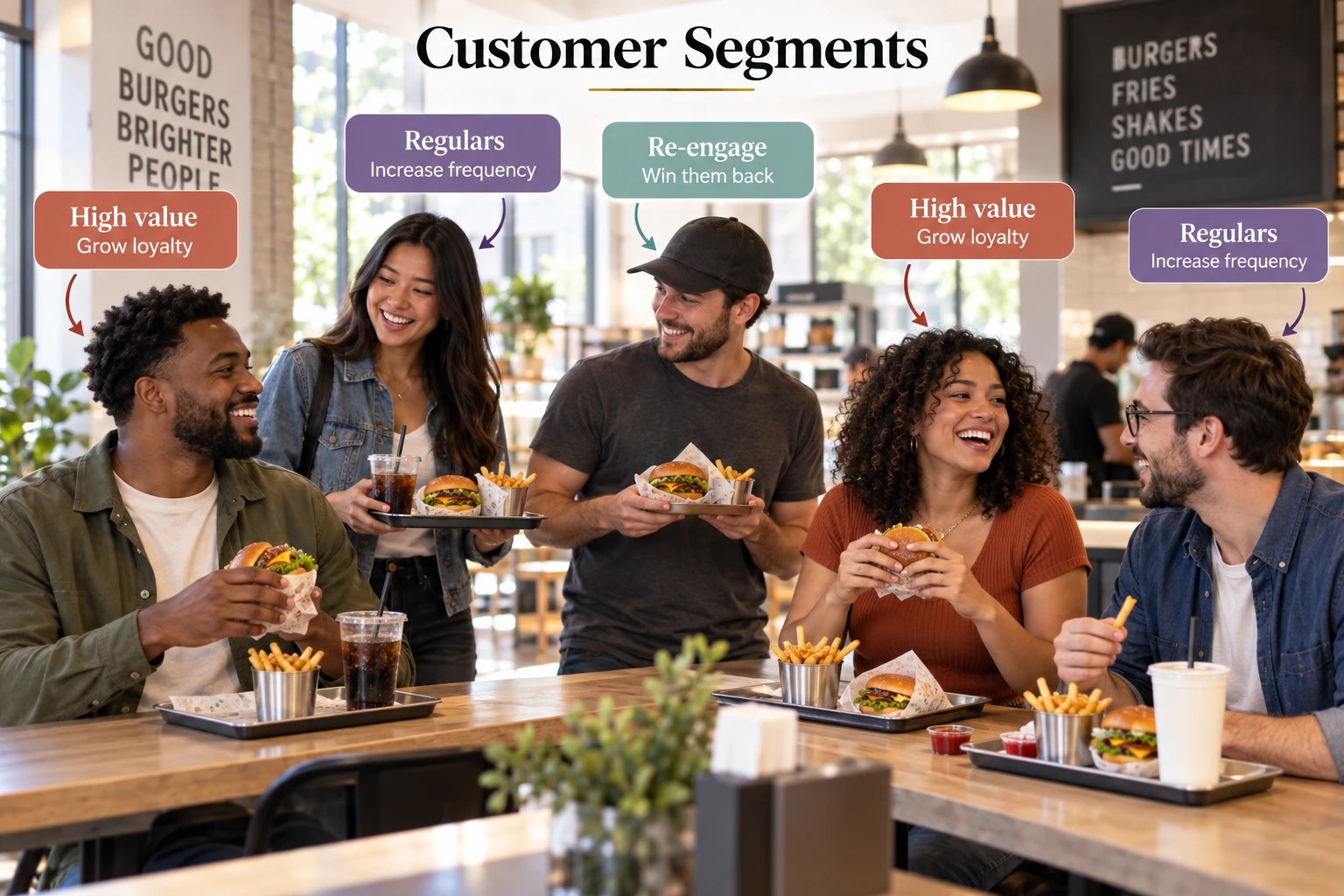 Customers split into high value, regulars and re-engage