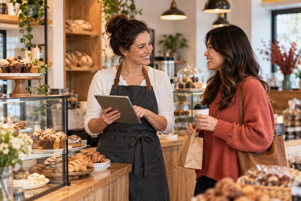 A staff member checking a customer's purchase on a tablet