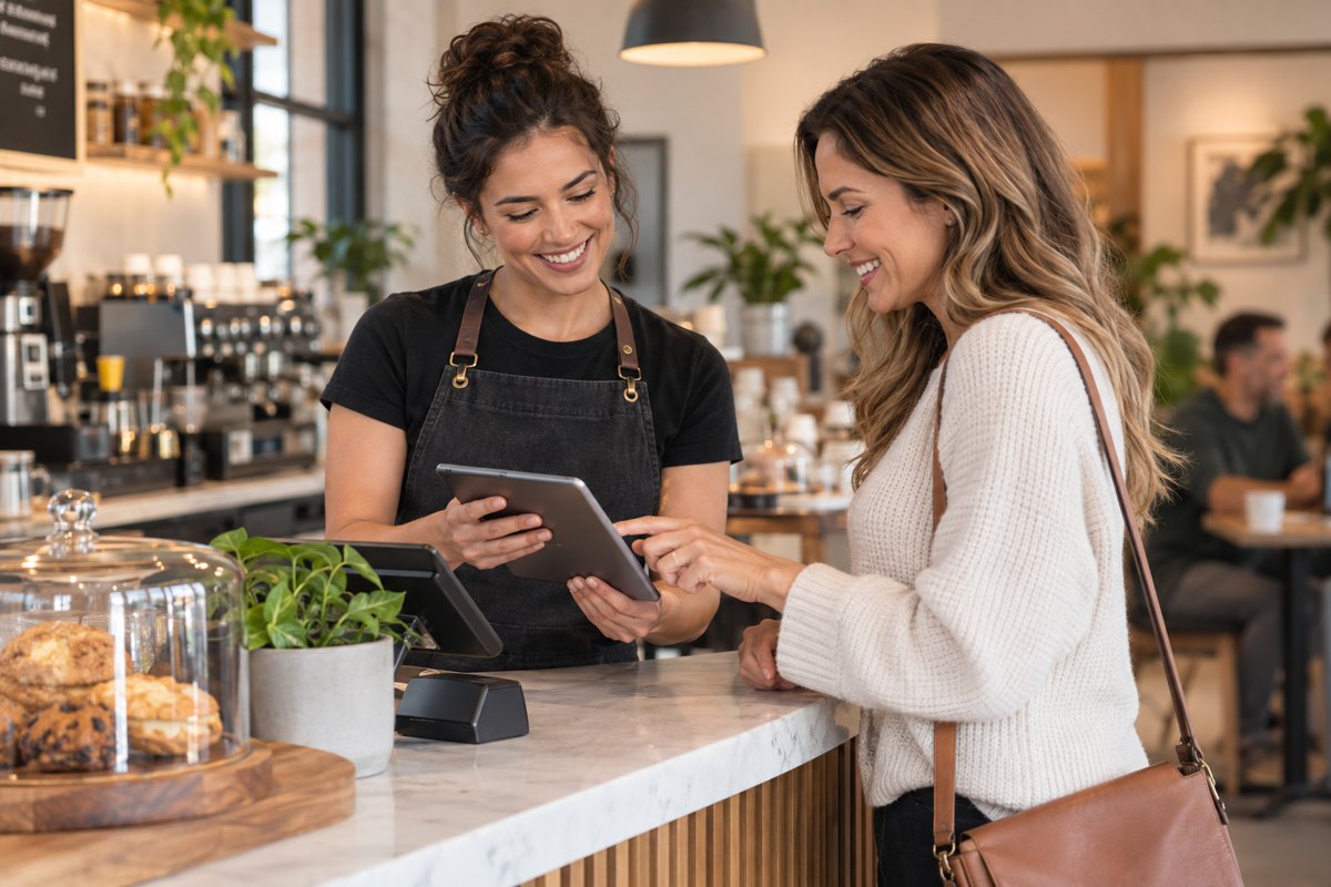 A customer signing up on the counter tablet