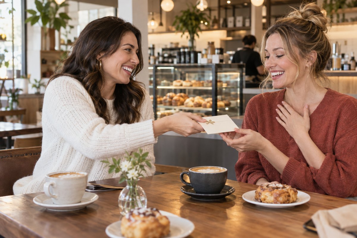 One person introducing another across a cafe table