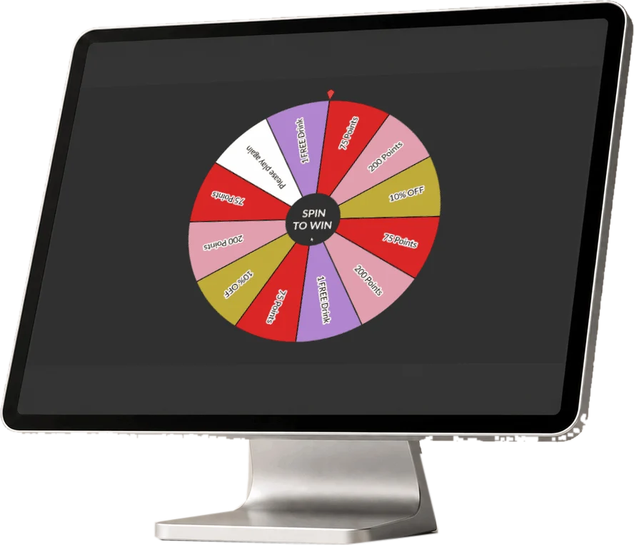 A spin-to-win prize wheel on a counter tablet