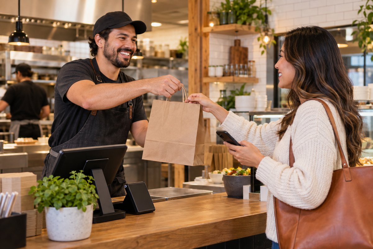 A staff member handing a takeout order to a customer