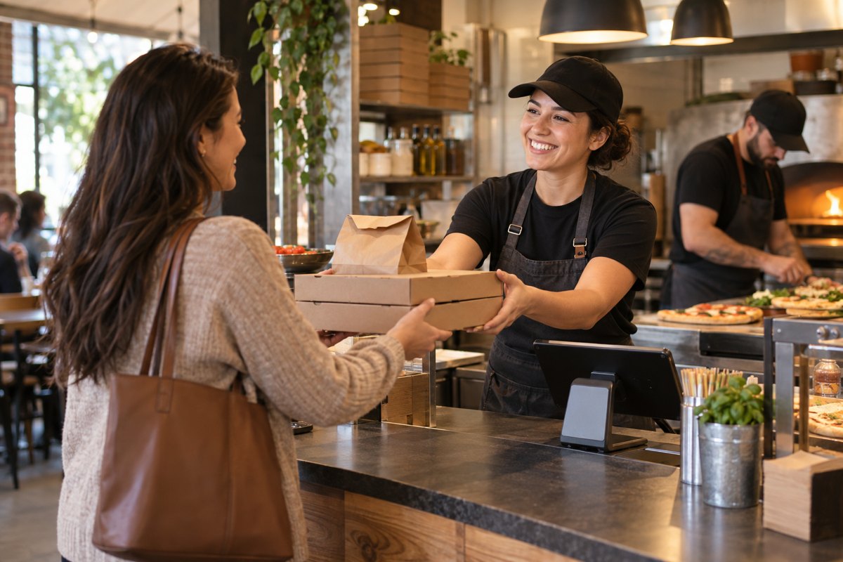 A customer picking up a pizza order at the counter