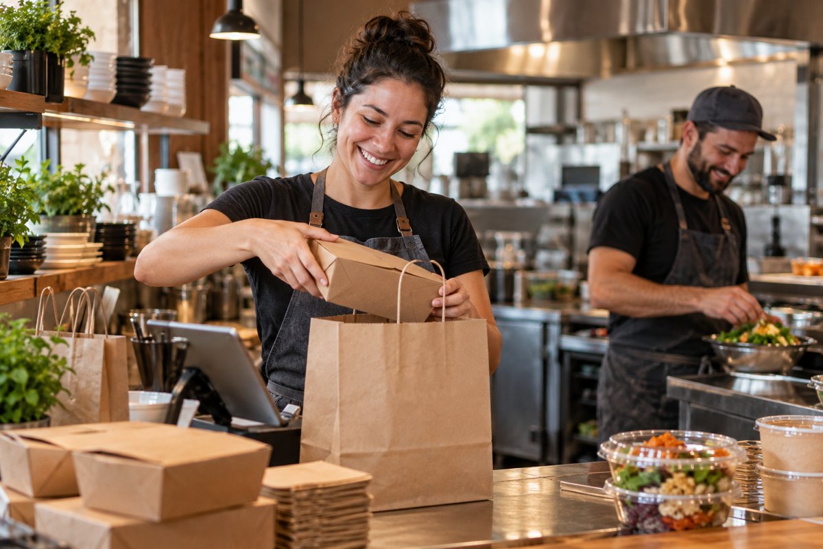 A staff member packing an online order for pickup
