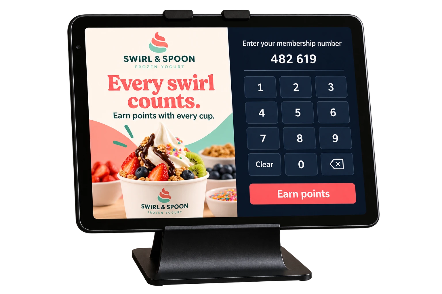 A loyalty tablet on the counter asking the customer to enter their membership number to earn points