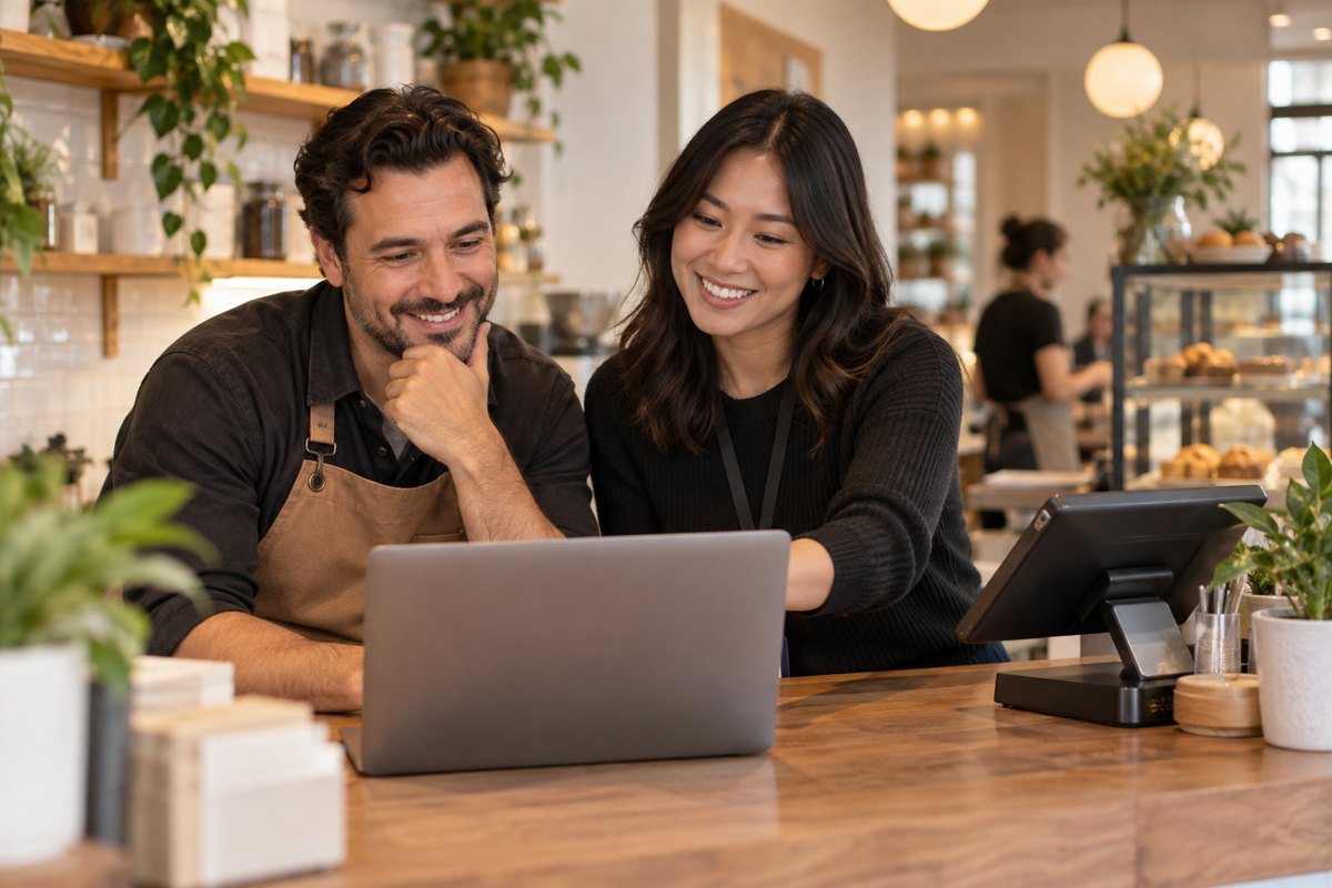 Two owners looking at their campaign results on a laptop