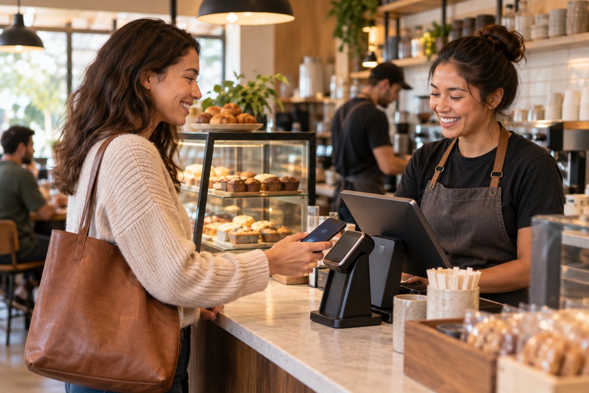 A customer tapping her phone at the register while points post automatically