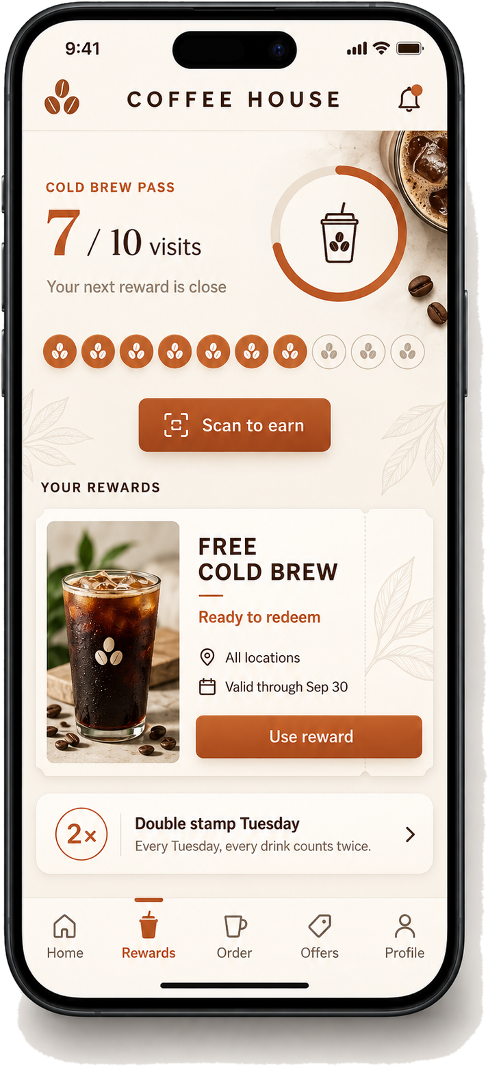 A coffee shop loyalty app with punch card progress and a free cold brew reward