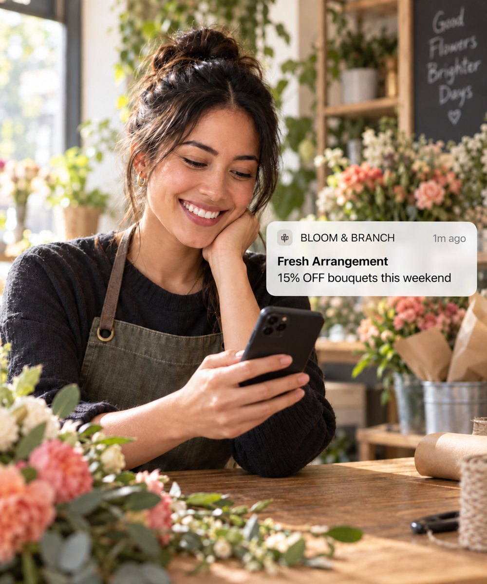 A florist smiling at a targeted push notification