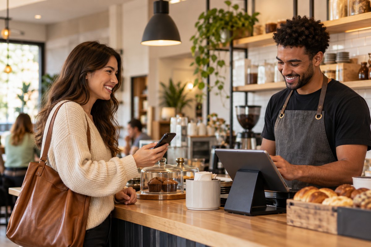 A customer reading a notification while ordering