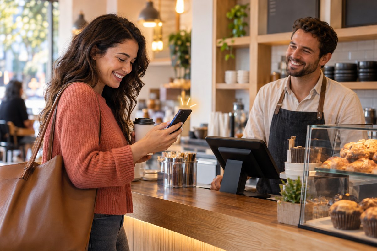 A customer checking an offer on her phone at the counter