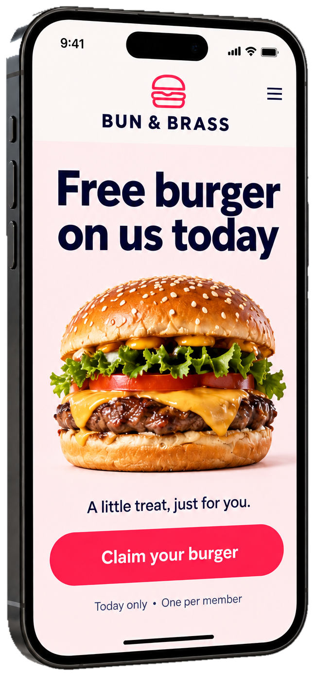 A free-burger text offer with a claim button